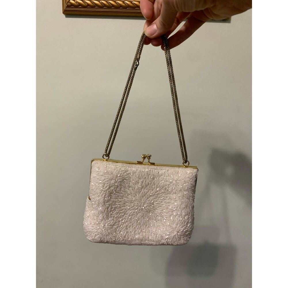 Midcentury Vintage White Glass Seed Bead Clutch Purse with Gold Tone Metal Frame